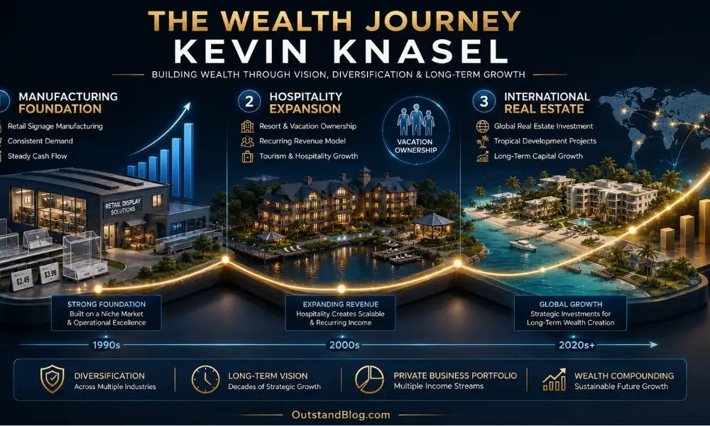 Kevin Knasel wealth-building journey infographic showing manufacturing, hospitality, and Belize real estate investments.