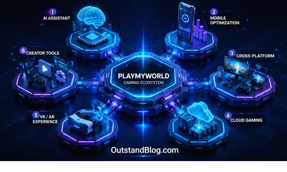 PlayMyWorld gaming ecosystem infographic showing AI, mobile optimization, cloud gaming, cross-platform, VR, and creator tools connected to the central hub.