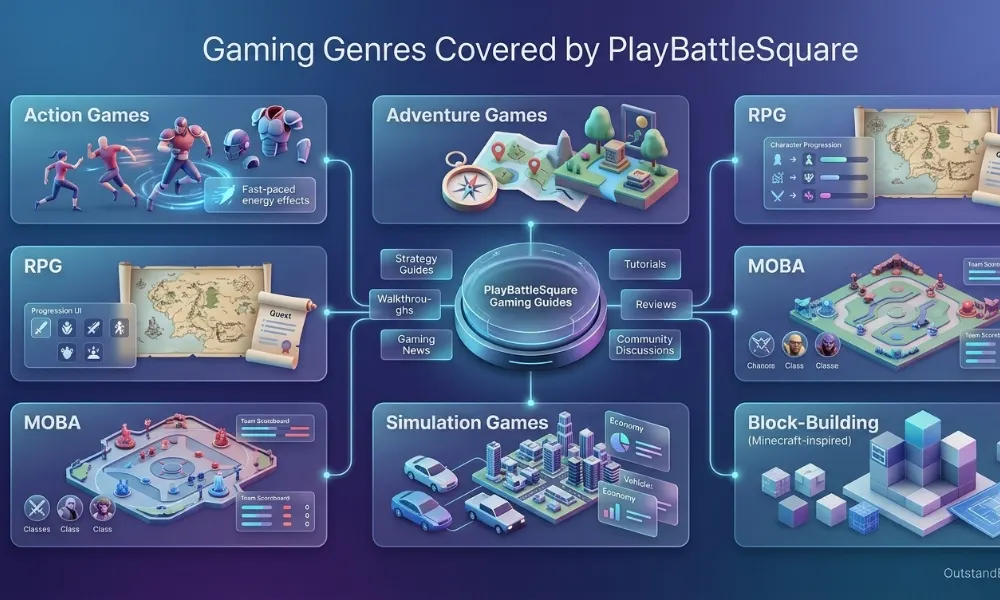 PlayBattleSquare gaming blog genres including action, RPG, Minecraft, strategy, and multiplayer gaming guides.