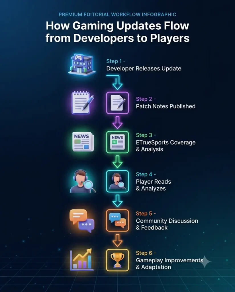 Gaming updates workflow from developers to players through patch notes, ETrueSports coverage, player analysis, community discussion, and gameplay improvements